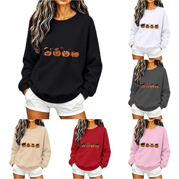 Women's Hoodless Sweatshirt Halloween Cat Cozy Long Sleeve Crewneck Top for Black S