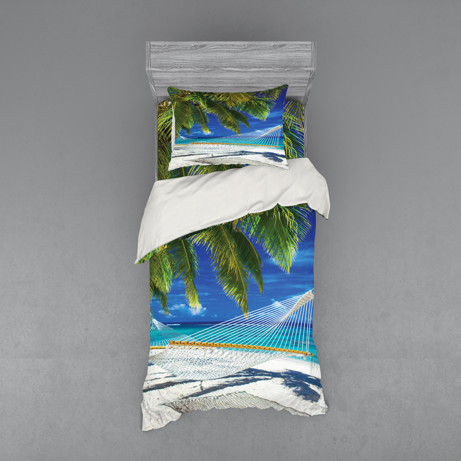 Beach Duvet Cover Set, Hammock on the Sandy Beach Between Palm Coconut Overlooking Sea Nature