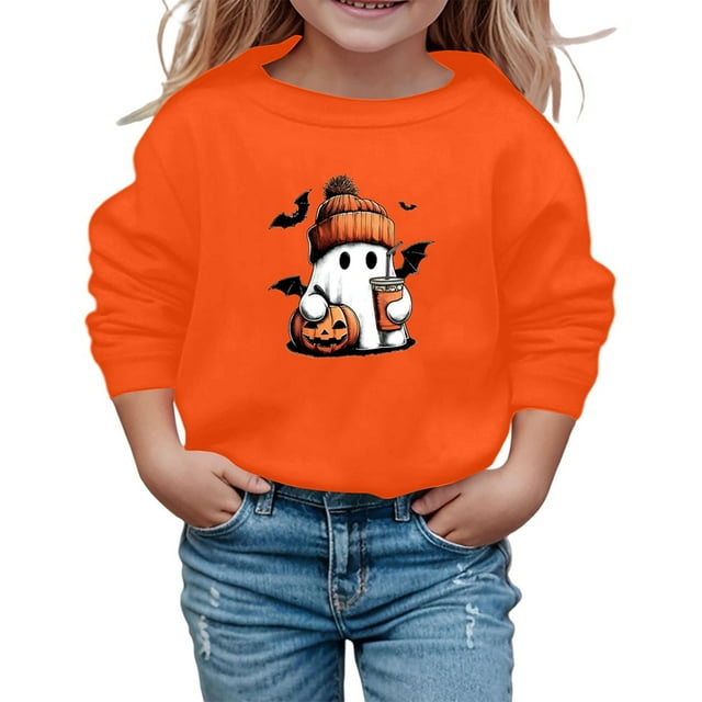 Chandail pour Préadolescentes Citrouille Squelette Chauve-Souris Fantôme, Imprimé Mignon, Manches Longues, Col Ras du Cou, Chandail à Enfiler, Haut pour Enfants, Automne Hiver, Vêtements d'École et de Sortie, Orange, Taille 11-12T