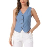 Allegra K Vest Waistcoat for Women's Fashion Sleeveless Button Down V Neck Crop Top Summer Vests L Light Blue