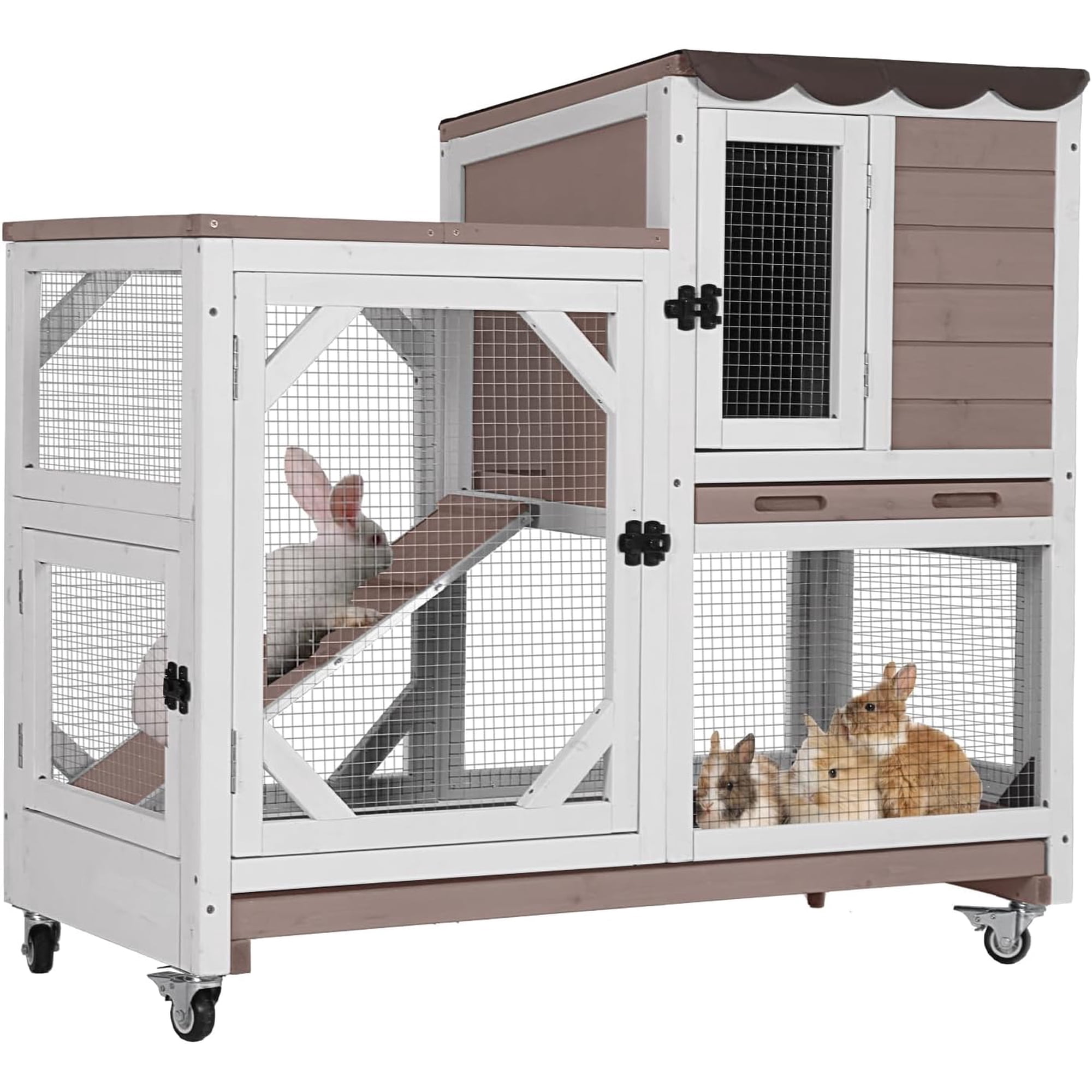 Rabbit Cage Indoor Outdoor Bunny Hutch on Wheels, 2 Story Wood Guinea Pig Cages with 2 Deeper Pull Out Trays