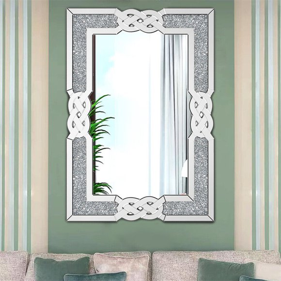 Wisfor 70x100cm Large Crystal Crush Diamond Mirror Vanity Silver Decorative Wall Hang Mirror