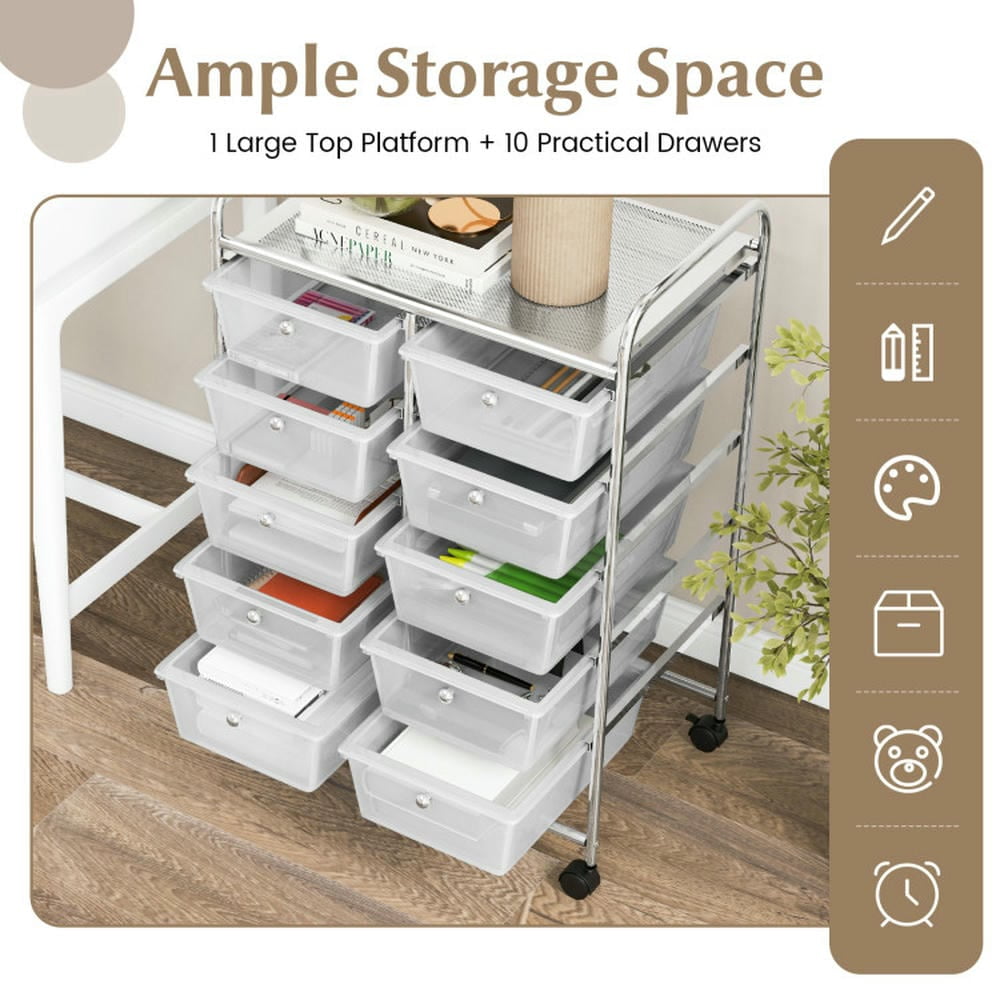 Spaco 10-Drawer Rolling Storage Cart-Transparent, Craft Organizers and Storage, Multipurpose Organizer Cart for Home, Office, School