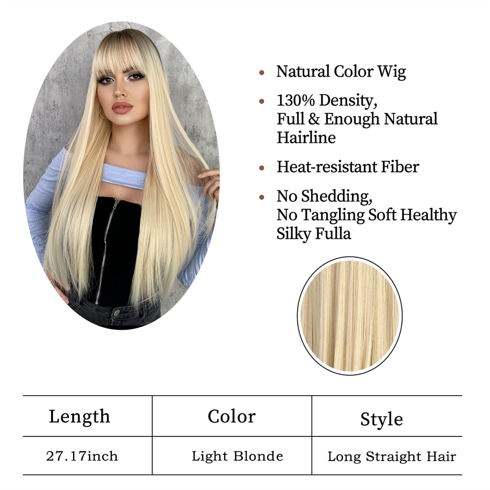 Light Blonde Long Straight Hair Women Wig with Bangs Synthetic Wig Daily Use Heat Resistant Fiber Natural Female Fake Hair