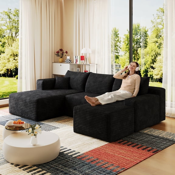 95" Cloud Sectional Sofa with 1 Ottoman,Modern Minimalist Upholstered Couches, Comfort U Shaped Sofa for Living Room,Deep Seat Corner Couch,No Assembly Required,Dark Grey((Plush Corduroy Fabric)