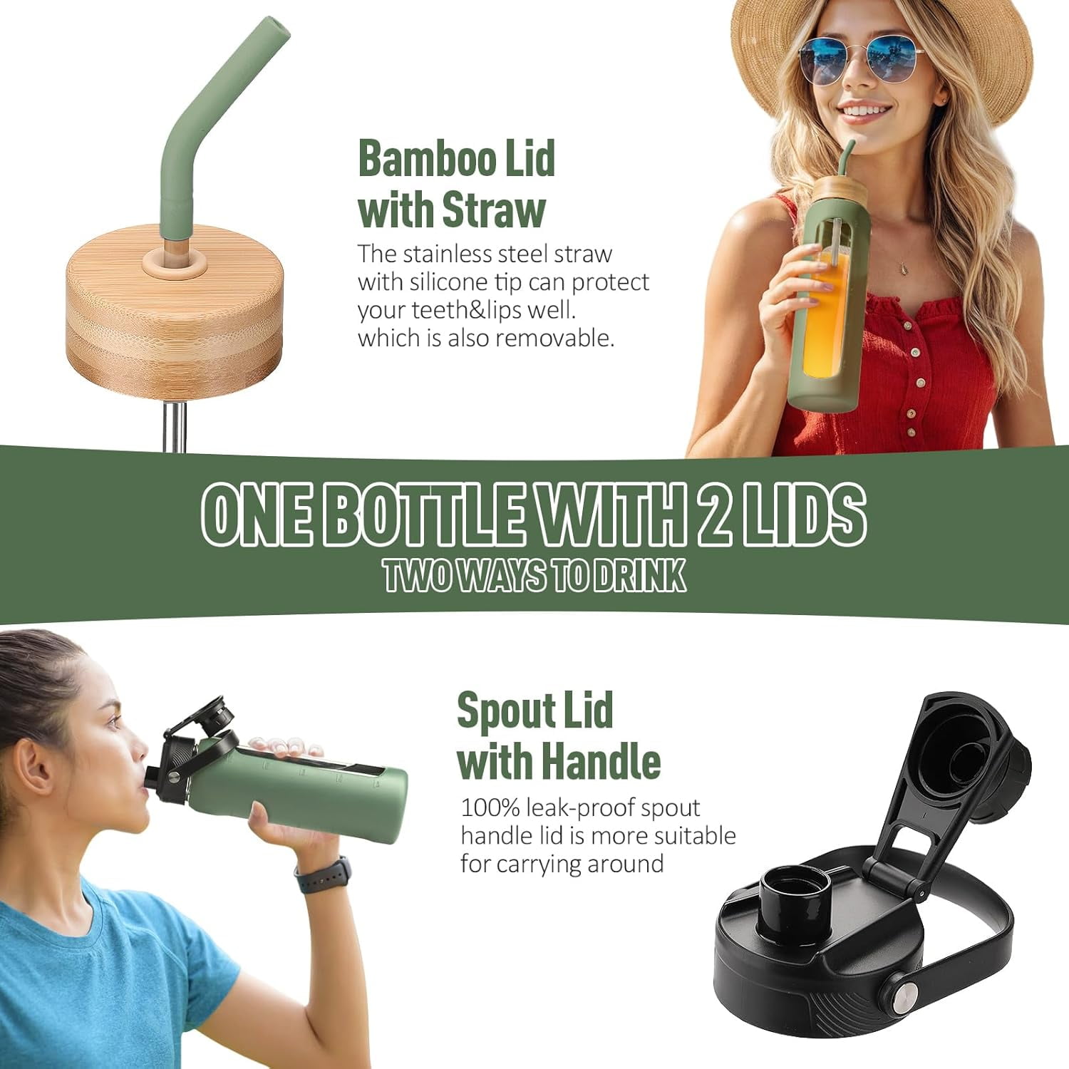MUKOKO Glass Water Bottle, 32oz Sports Drinking Tumbler with Silicone Sleeve and Straw, 1 Cup 2 Lids, Olive