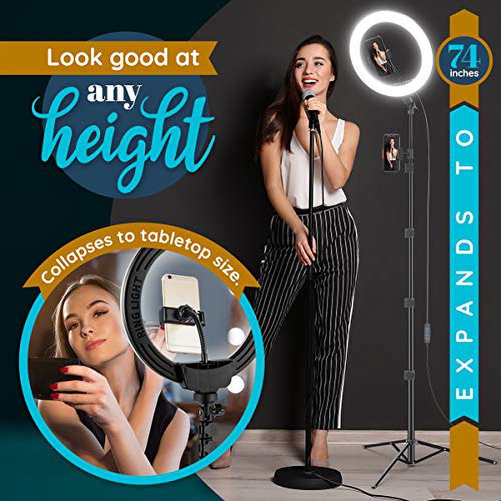 GearLight Ring Light - 10" Selfie Tripod Stand with LED Lights, Dual Phone Holders, Adjustable Height and Lighting for Recording, Makeup & Photography
