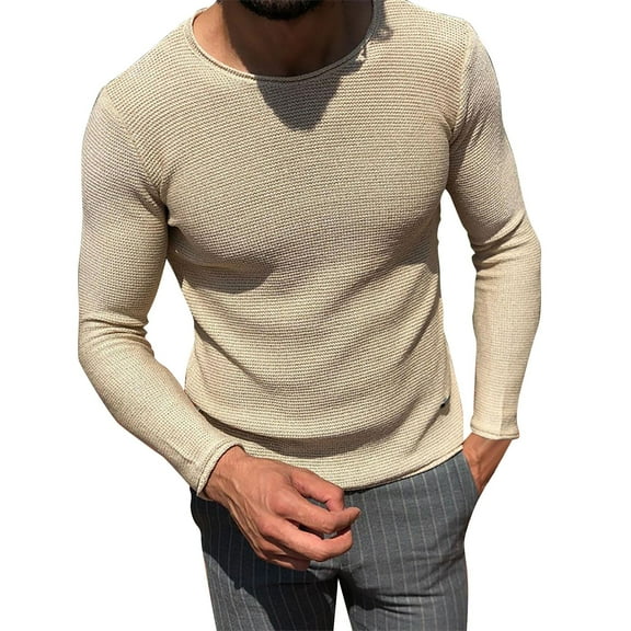 SNOWSONG Compression Shirt Men Men's Undershirts Men's Casual Fashion Solid Color Round Neck Slim Long Sleeve Knit Top Long Sleeve Shirts for Men Beige L
