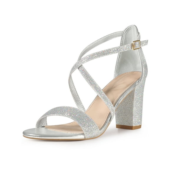 BLISSFUL STEP Glitter Open Toe Crisscross Strap Block Heel Sandals for Women Silver (Size 9)