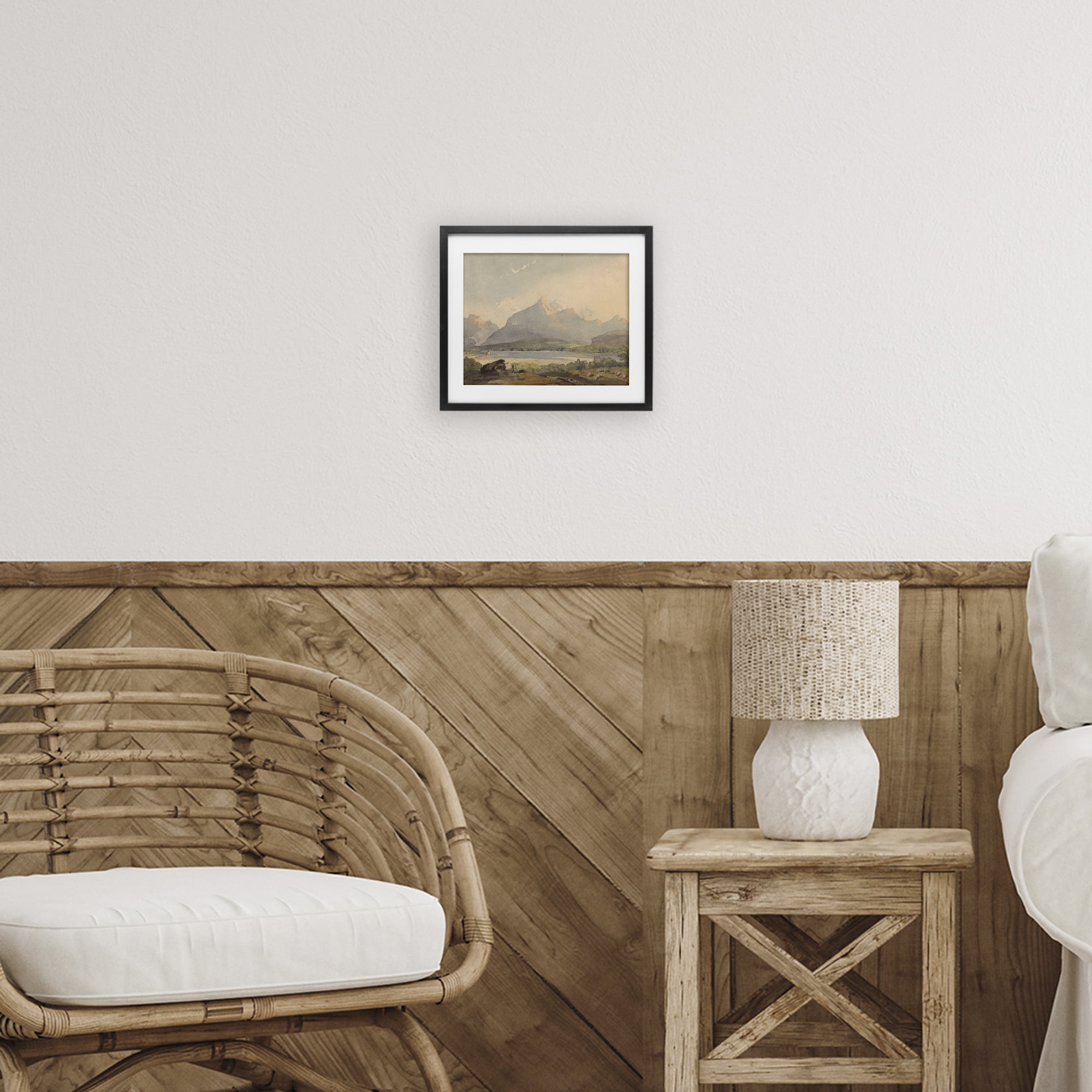 Peaceful Hazy Mountains Black Framed Print Under Glass, design by Lettered and Lined