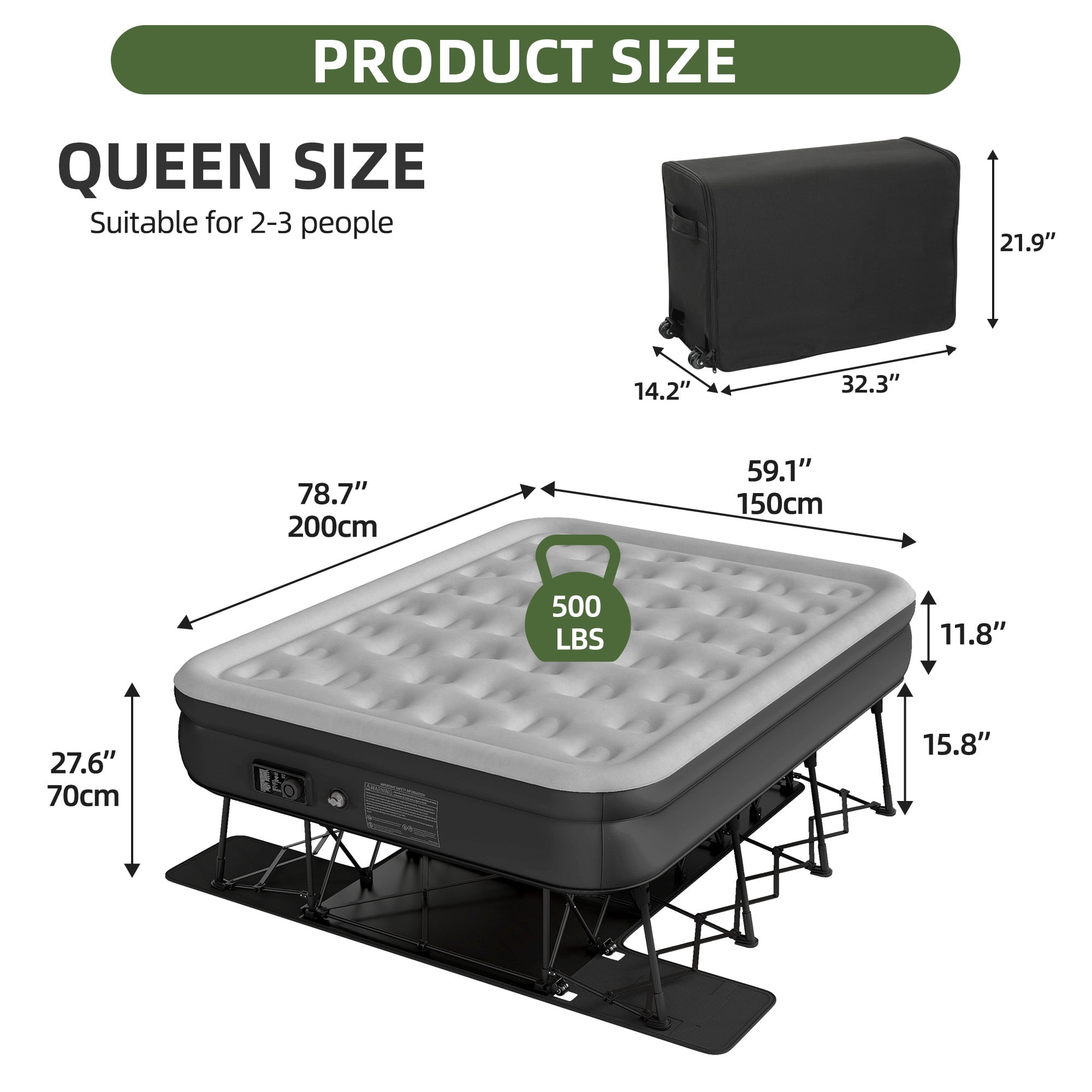 Uforic Queen Inflatable Air Bed with Folding Frame and Rolling Bag, Built-in Pump Blow Up Mattress, Portable Air Mattress for Camping, Guest Room and Travel, 79 x 59 x 28 Inches, Black