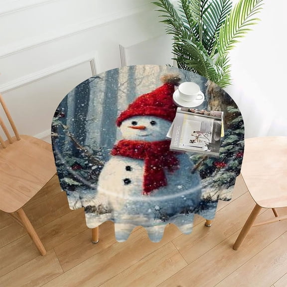 RKSupls 60 Inch Round Tablecloth, Snowman Forest Snow Premium Polyester Straight Edge Wrinkle Resistant Washable Table Cover for Party Home Dining Decor