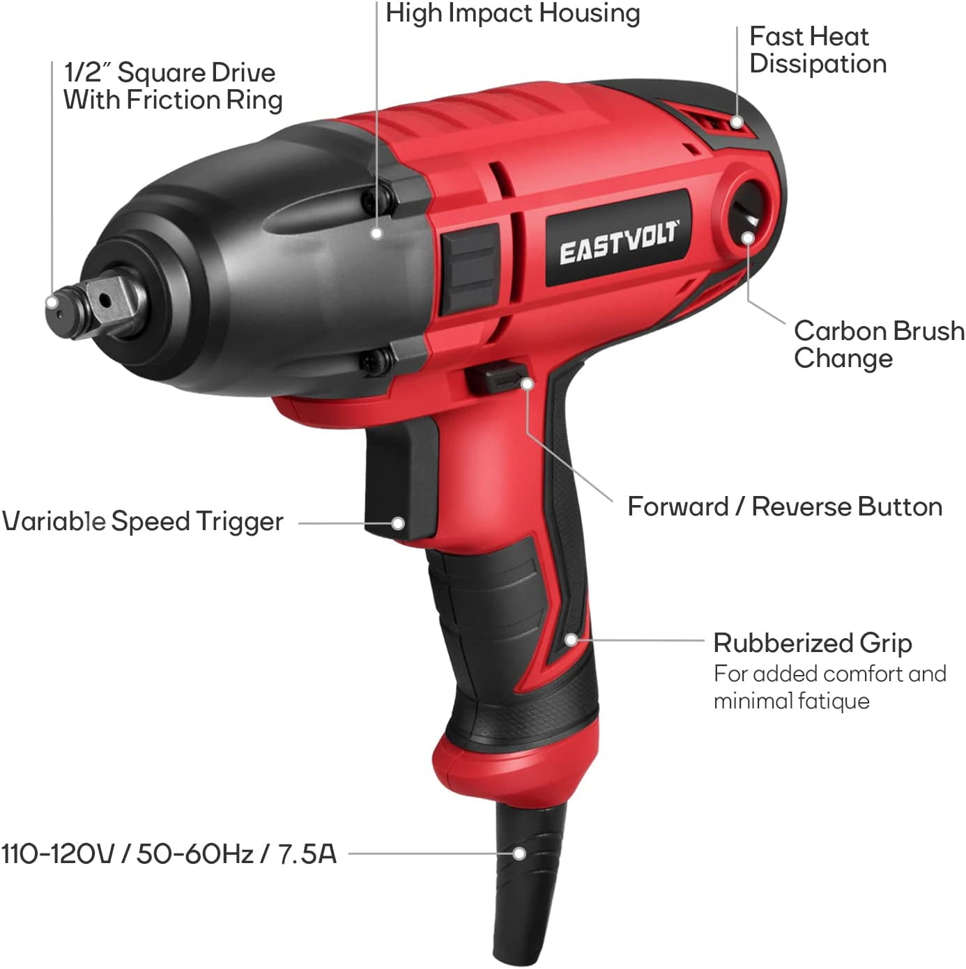 Eastvolt EVIW800 800W, 7.5A 1/2" Cordless Friction Ring Impact Wrench, 3400 RPM