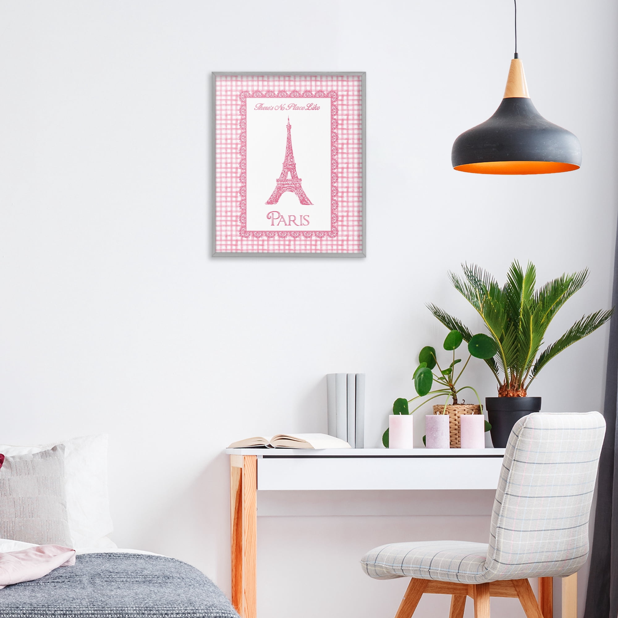 Stupell Industries No Place Like Paris Pink Lace Gray Framed Giclee Art, design by Conrad Knutsen
