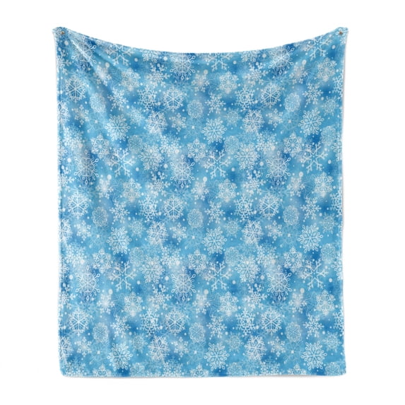 Snowflake Soft Flannel Fleece Throw Blanket, Pattern of Winter Motifs Cold Weather Illustration with Abstract Circles, Cozy Plush for Indoor and Outdoor Use, 50" x 70", Pale Blue White, by Ambesonne