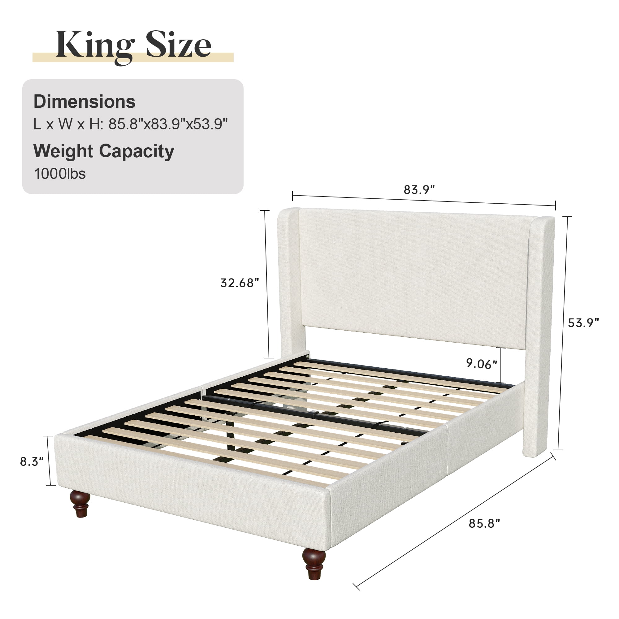 COOLHUT King Size Bed Frame, All Wood Slats Support Platform Bed Frame, Upholstered Wingback Headboard, Solid and Stable Bed Frame, No Box Spring Needed/Easy Assembly/White