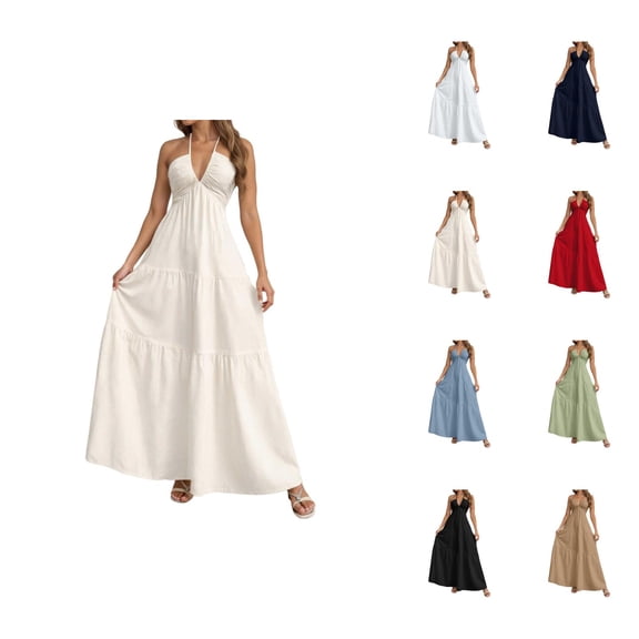 Summer for Women Sleeveless Spaghetti Strap Deep V Neck Tie Knot Backless Flowy Ruffle Maxi Beach Vacation Dress