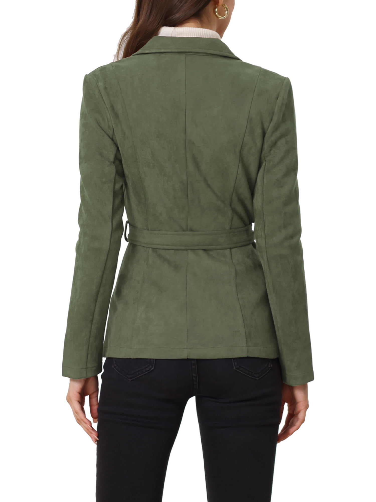 Unique Bargains Women's Faux Suede Belted Long Sleeve Single Breasted Blazer L Army Green