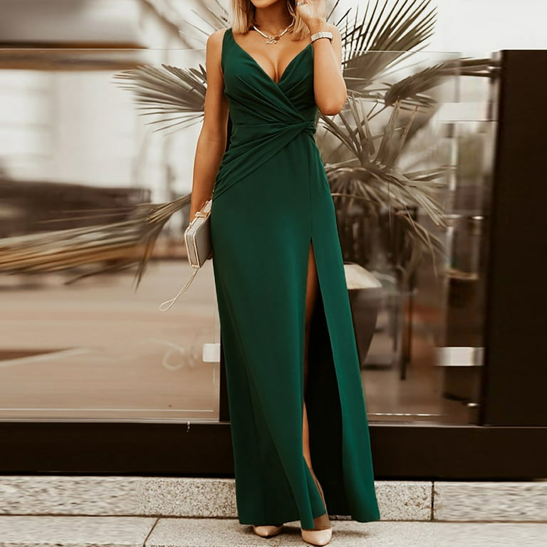 Women's Deep V Neck Tunic Dress Casual Spaghetti Strap Sleeveless Waisted  Split Sundresses Suspenders Solid Cocktail Party Evening Maxi Long Dress