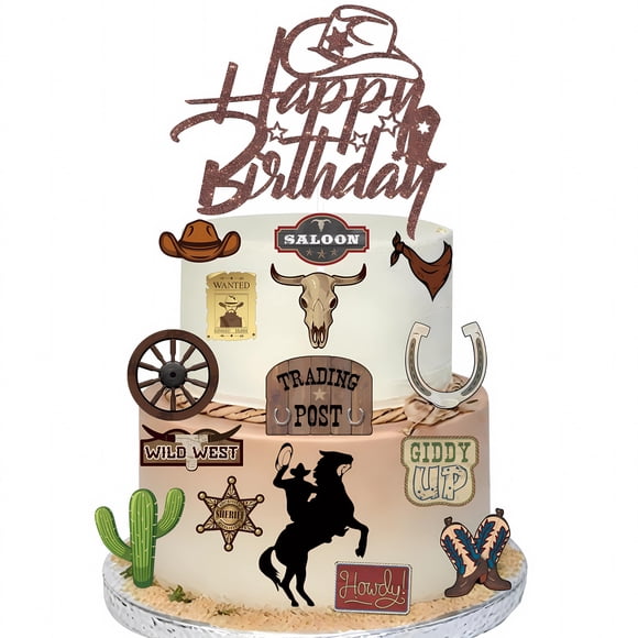 Decoración para cupcakes con sombrero vaquero con brillo, 16 piezas Pretyps