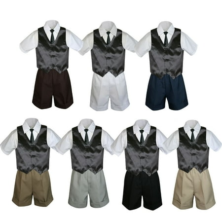 

4pc Baby Boys Toddler Formal Black Vest Necktie Dark Khaki Gray Shorts Set S-4T