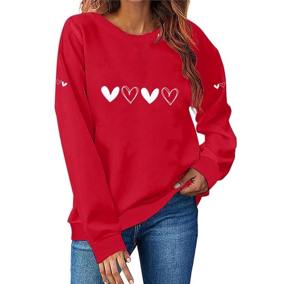 GUZOM Womens Red Valentine's Day Crewneck Sweatshirt - Heart Graphic & LOVE Lettering Relaxed Fit 100% Polyester XS-XL,Size XS