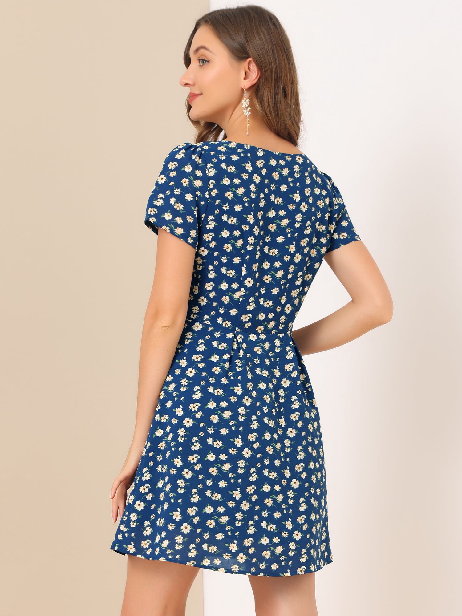 DARING DIVA Square Neck Short Sleeve Print A-Line Dress XS Blue-Floral