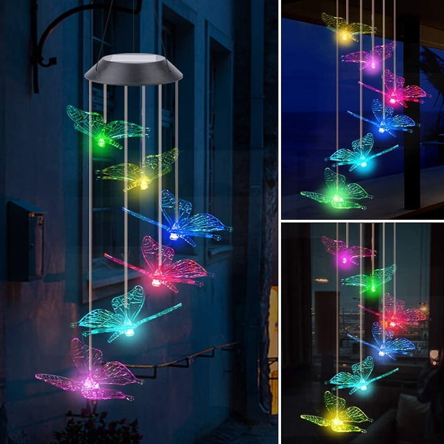 Carillón de viento solar, carillón de viento de mariposa que cambia de color, LED solar, decoración interior y exterior impermeable para jardín, fiesta, patio, césped, patio, porche, terraza, terraza