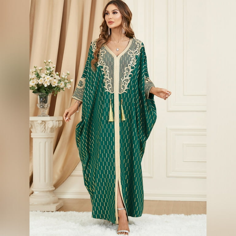 IBTOM CASTLE Women Muslim Dress Batwing Sleeve Embroidered Abaya Kaftans  Modern Elegant Dubai Moroccan Islamic Dresses One Size Green - Walmart.com