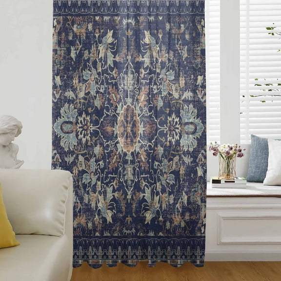 Navy Blue Boho Semi Sheer Curtains Drapes for Living Room, Bedroom, French Doors Window 84 Inches Long, Abstract Art Ethnic Vintage Geometric Rod Pocket Chiffon Curtain Drapery Voile Draperies Panel