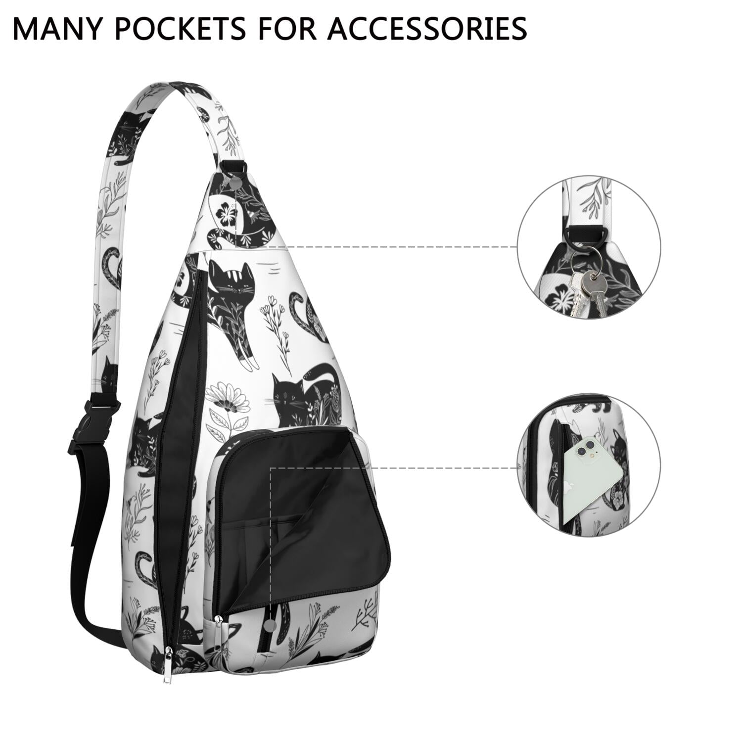 Pet Lover's Shoulder Bag - Hand-drawn Cat Graphic Sling Backpack (Lightweight Chest Bag, Easy Access Pockets)
