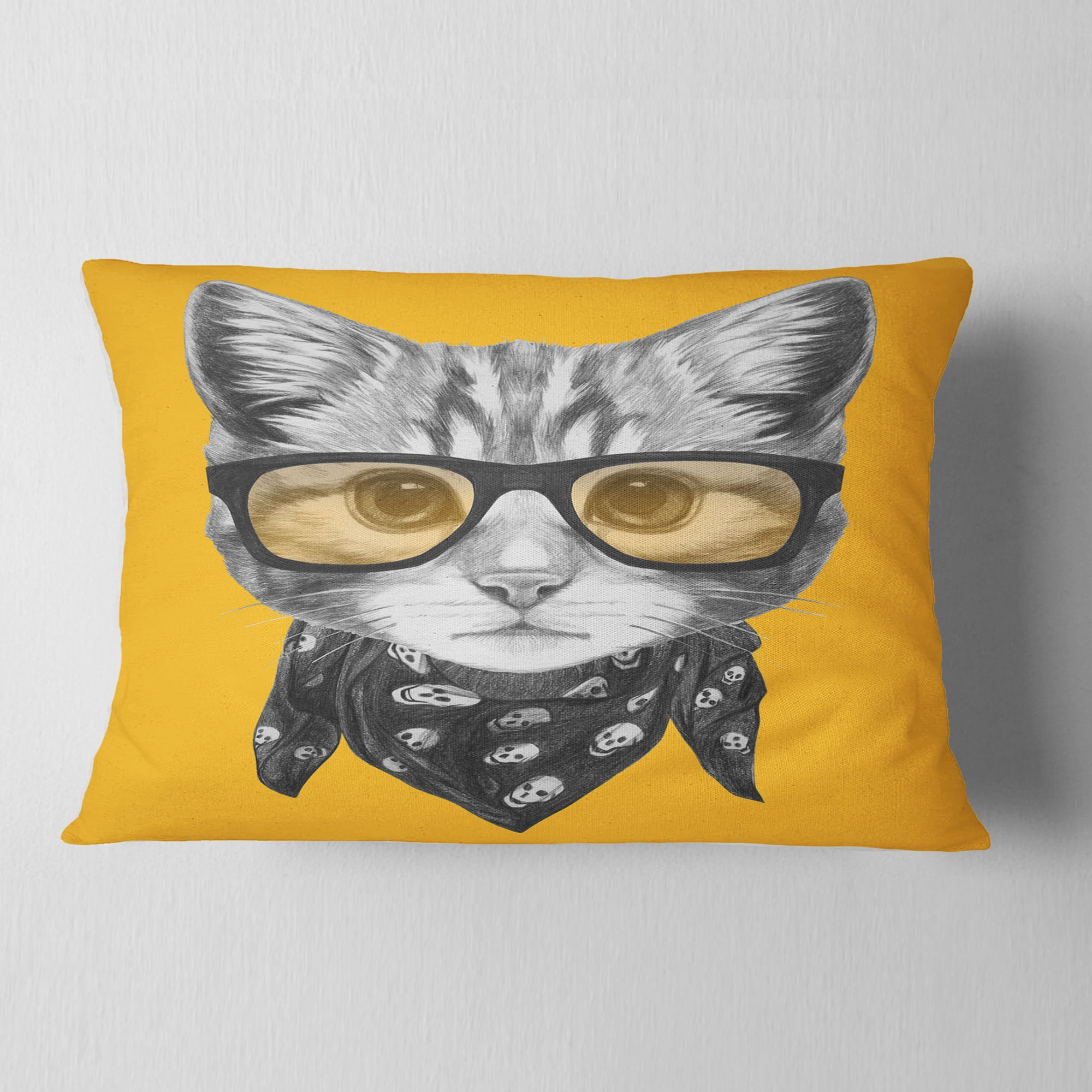 Designart Funny Cat with Glasses and Scarf - Animal Throw Pillow - 12x20
