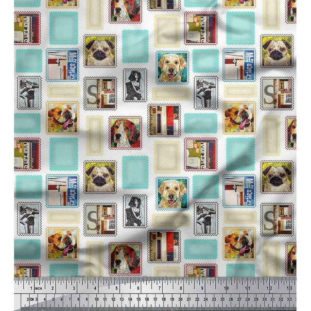 Soimoi Polyester Crepe Fabric Frames,Women & Dogs Patchwork Fabric Prints by Yard 52 Inch Wide