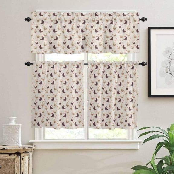 Kitchen Curtains Set, Farm Rooster Kitchen Curtains and Valances Set, Farmhouse Chicken Pink Spring Floral Rustic Rod Pocket Tier Curtains 36 Inch Length for Cafe/Bedroom Windows