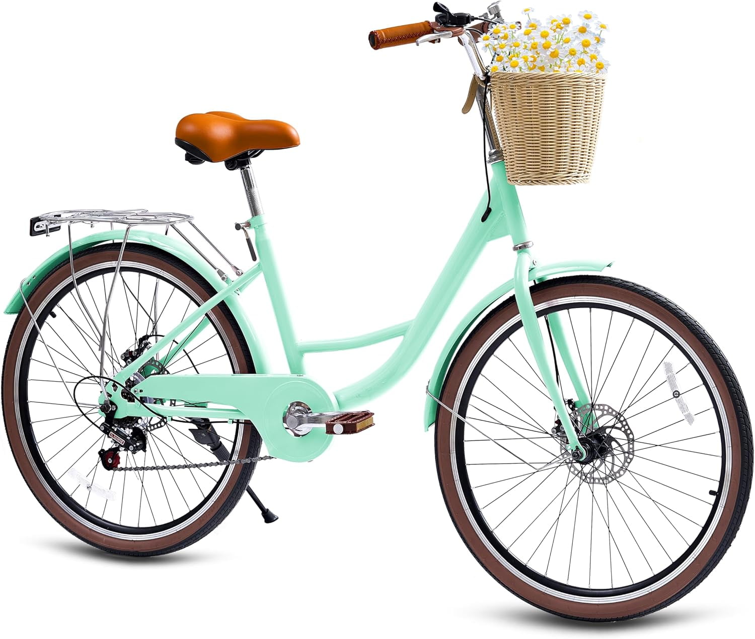 24" Beach Cruisers for Women, Pipleo Bikes for Women with Rattan Basket, 7-Speed & Step-Through Frame