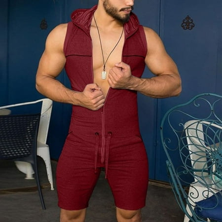 

Men\ s Casual Sleeveless Jumpsuits Short Trouser Pant Male Rompers Zip Up
