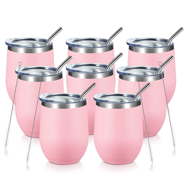 Vaso de vino COMOOO de acero inoxidable de 350 ml con tapa y pajita, paquete de 8