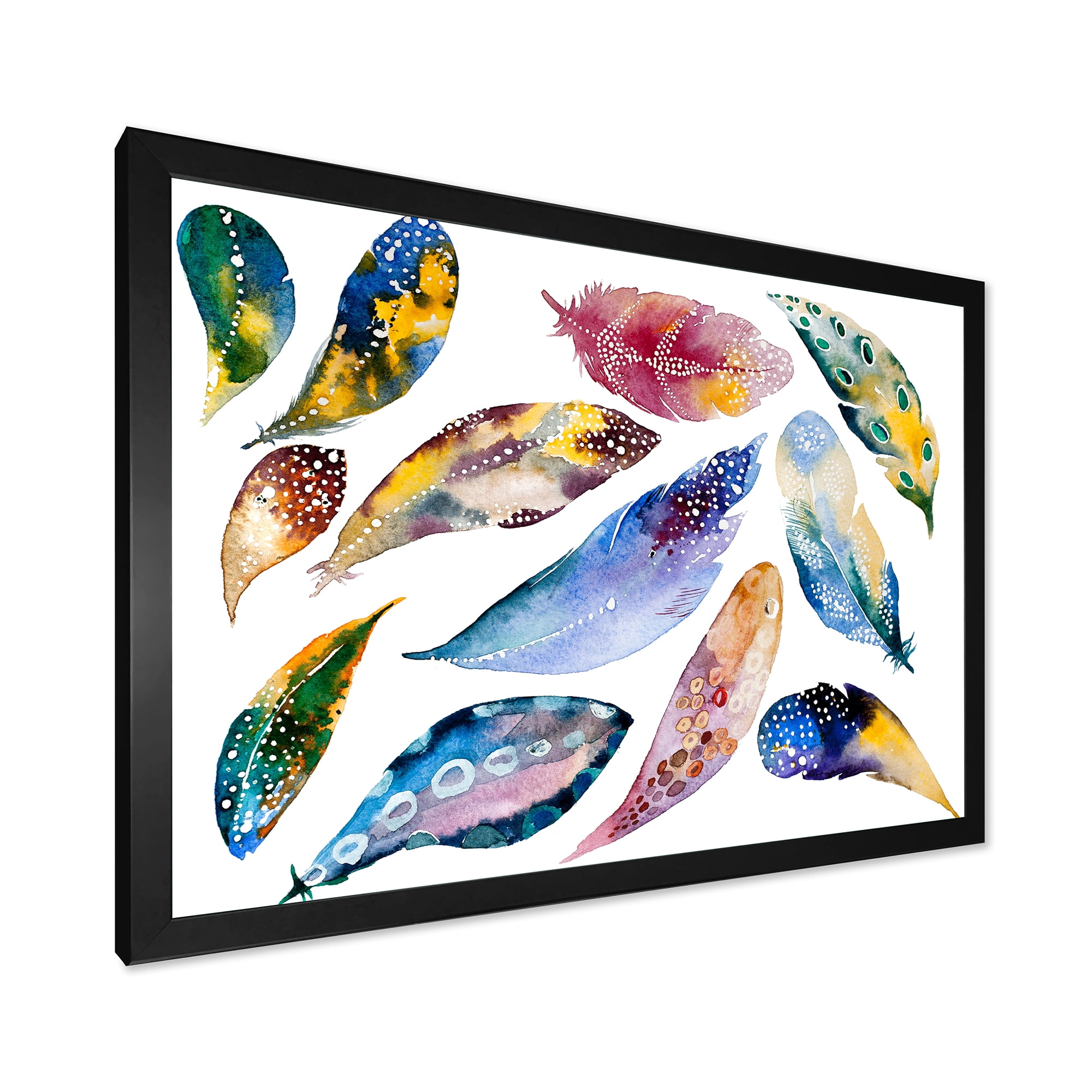 Designart 'Colourful Boho Feather Set On White VI' Bohemian & Eclectic Framed Art Print