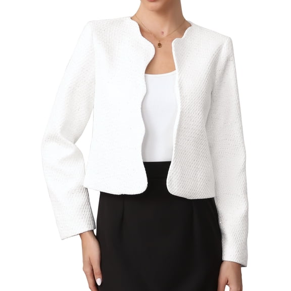 Tweed Jackets for Women Long Sleeve Crewneck Open Front Work Business Blazer Jacket XS White