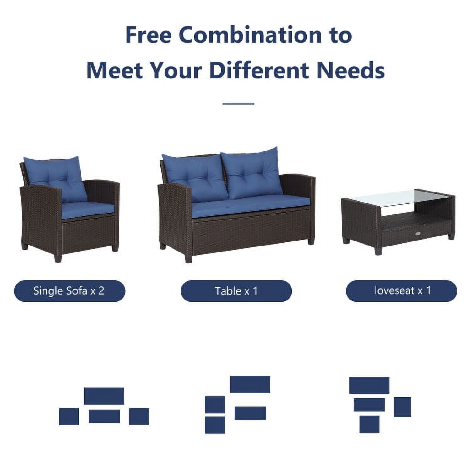 Aimee Lii 4 Pieces Wicker Patio Furniture Set with Tempered Glass Coffee Table, Wicker Outdoor Sectional, Navy Aimee Lii 4 Pieces Wicker Patio Furniture Set with Tempered Glass Coffee Table, Wicker Outdoor Sectional, Navy