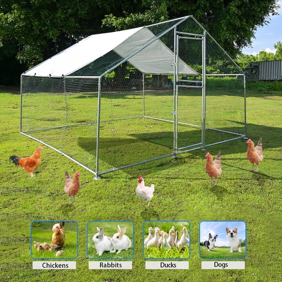 10x10 ft Large Metal Chicken Coop, Walk-in Poultry Cage with Cover and Double Doors, Heavy-Duty Hen Run for Backyard