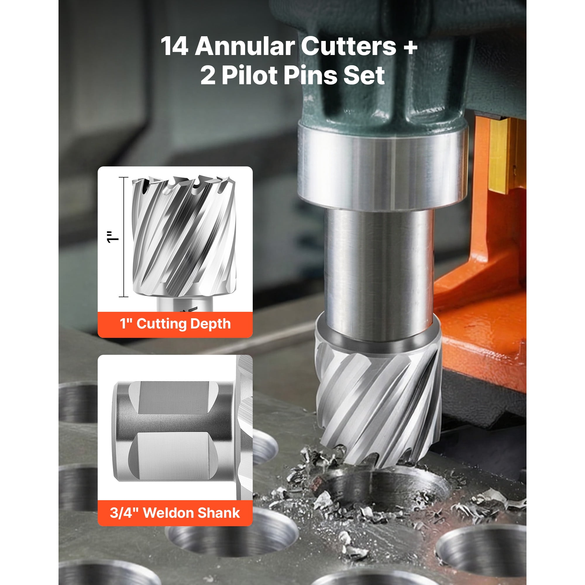 KFFKFF 16-Piece Annular Cutter Set, Weldon Shank Drill Bits Kit, 1" Depth, 7/16" to 1-3/8" Diameter, HSS, Includes 14 Cutters, 2 Pilot Pins, Plastic Case, Compatible with Magnetic Drills