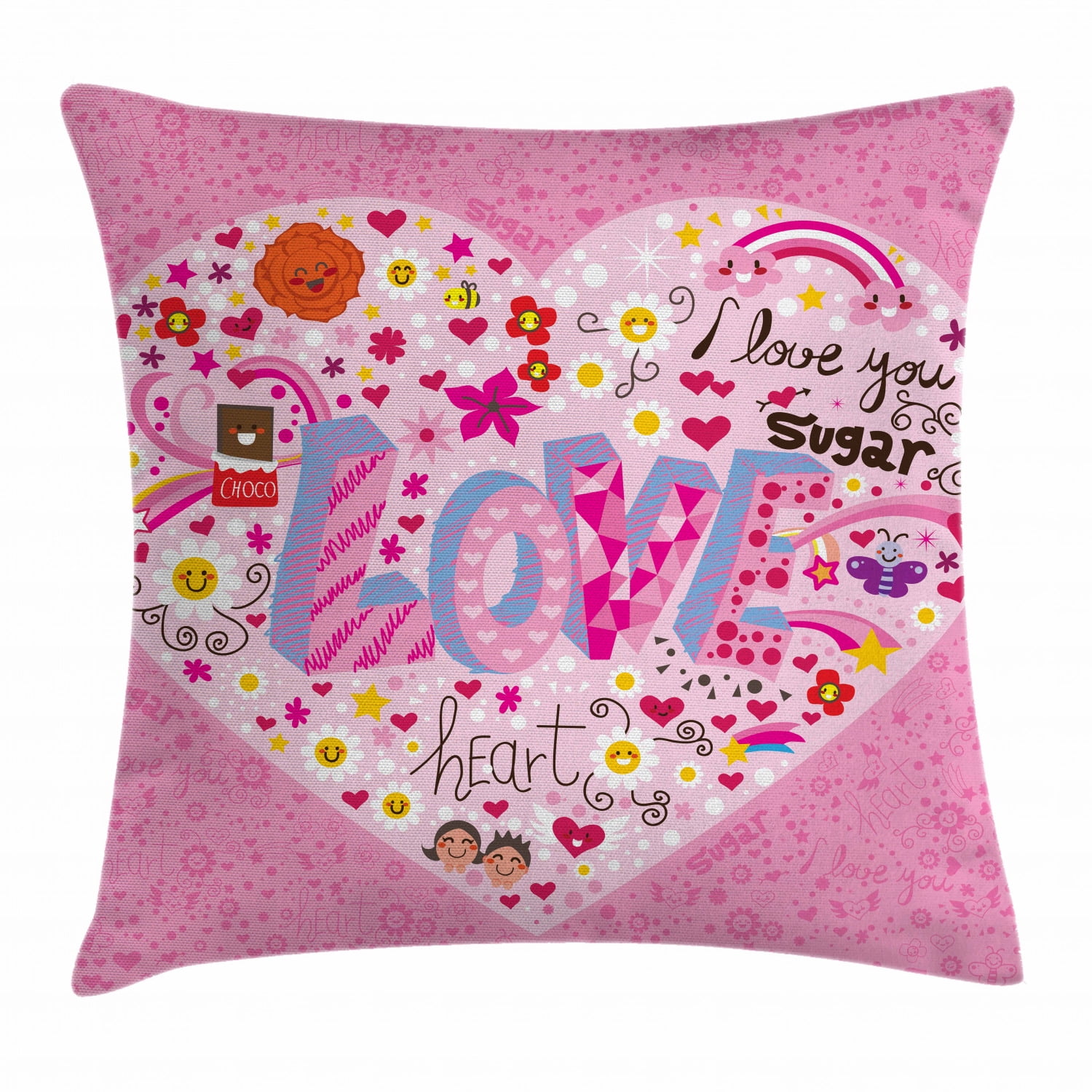 Doodle Throw Pillow Cushion Cover, I Love You Sugar Giant Heart with