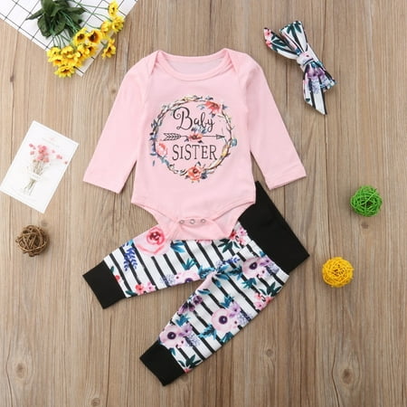 

3 pcs Newborn Baby Girls Flower Romper Kids Cotton Long Pants Bodysuits Headband Outfit Clothes