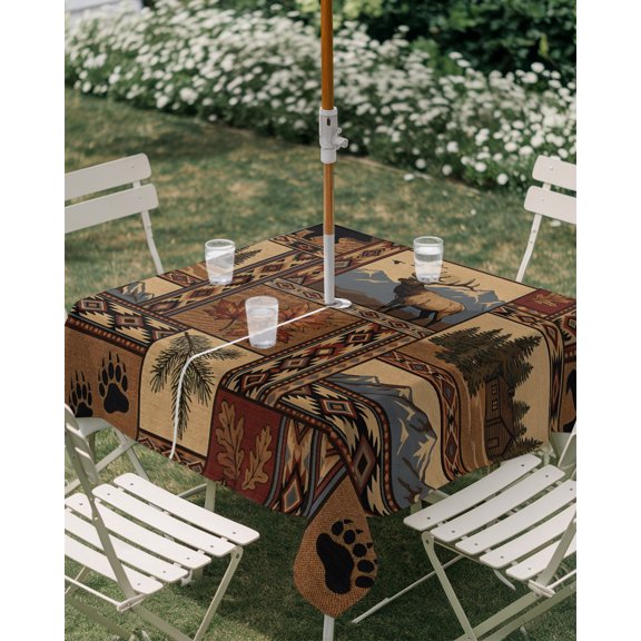 Outdoor Tablecloth with Umbrella Hole, Rustic Elk Bear Mountain Forest Zippered Table Cloth for Rectangle Tables, Brown Buffalo Plaid Washable Waterproof Tablecloths for Picnic Patio Garden