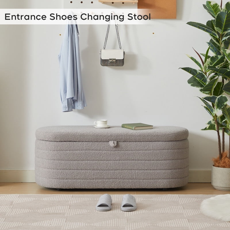 Comfort Stretch 45x16.5 Inch Gray Teddy Storage Ottoman Bench,Oval Footrest with Anti-Slip Legs