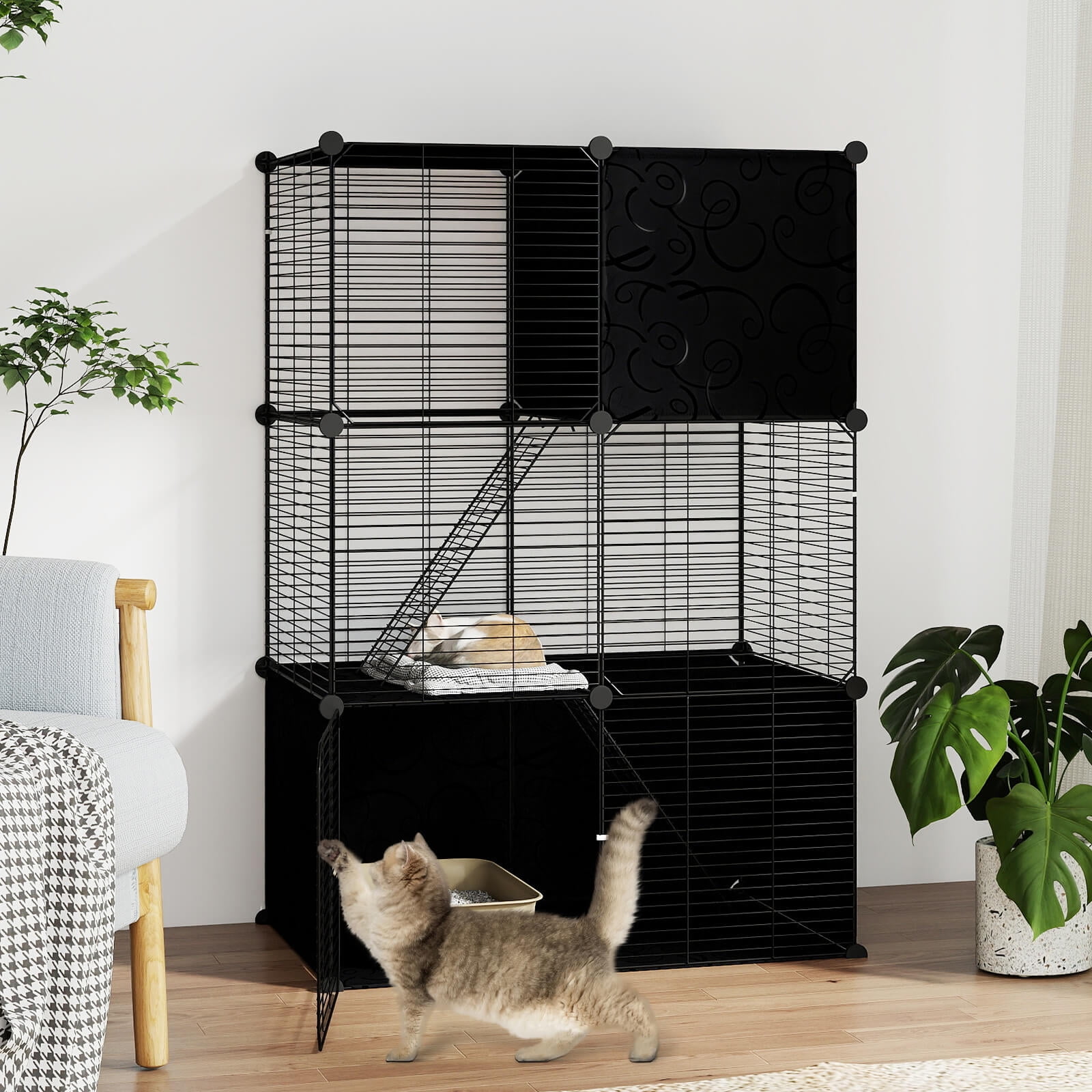 Costway 3-Tier Indoor Metal Wire Kitten Enclosure with 2 Ramps, Pet Pen for Small Animal Black