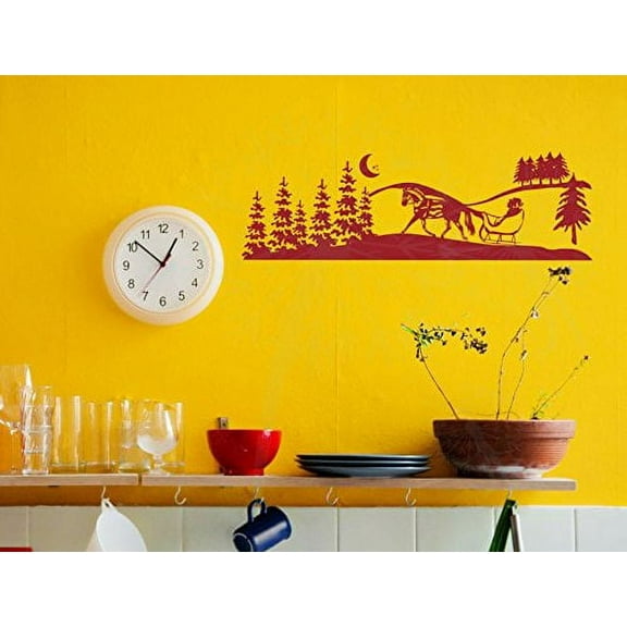 Winter Scene Silhouette Vinyl Decals Seasonal Wall Sticker Art, 23x7-inch, Red