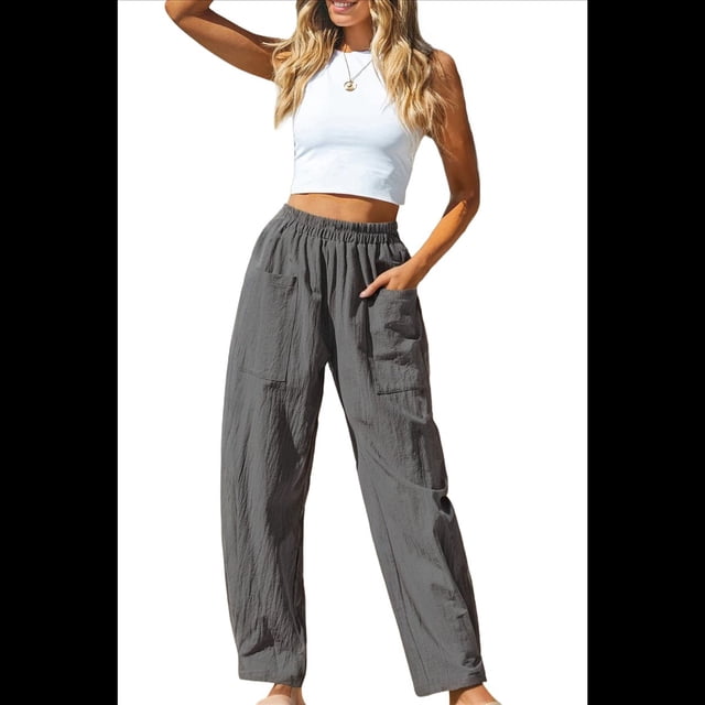 Pantalones de Verano para Mujer, para Vacaciones en la Playa, Cintura Alta, Pierna , Estampados, Holgados, Informales, Estilo Palazzo. Gris XL