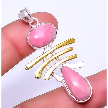 Pink Thulite - Norway 925 Sterling Silver Two Tone Gold Plated Pendant 2.15" A10, Gemstone Jewelry, Birthday Gift, Beautiful Jewelry For Woman